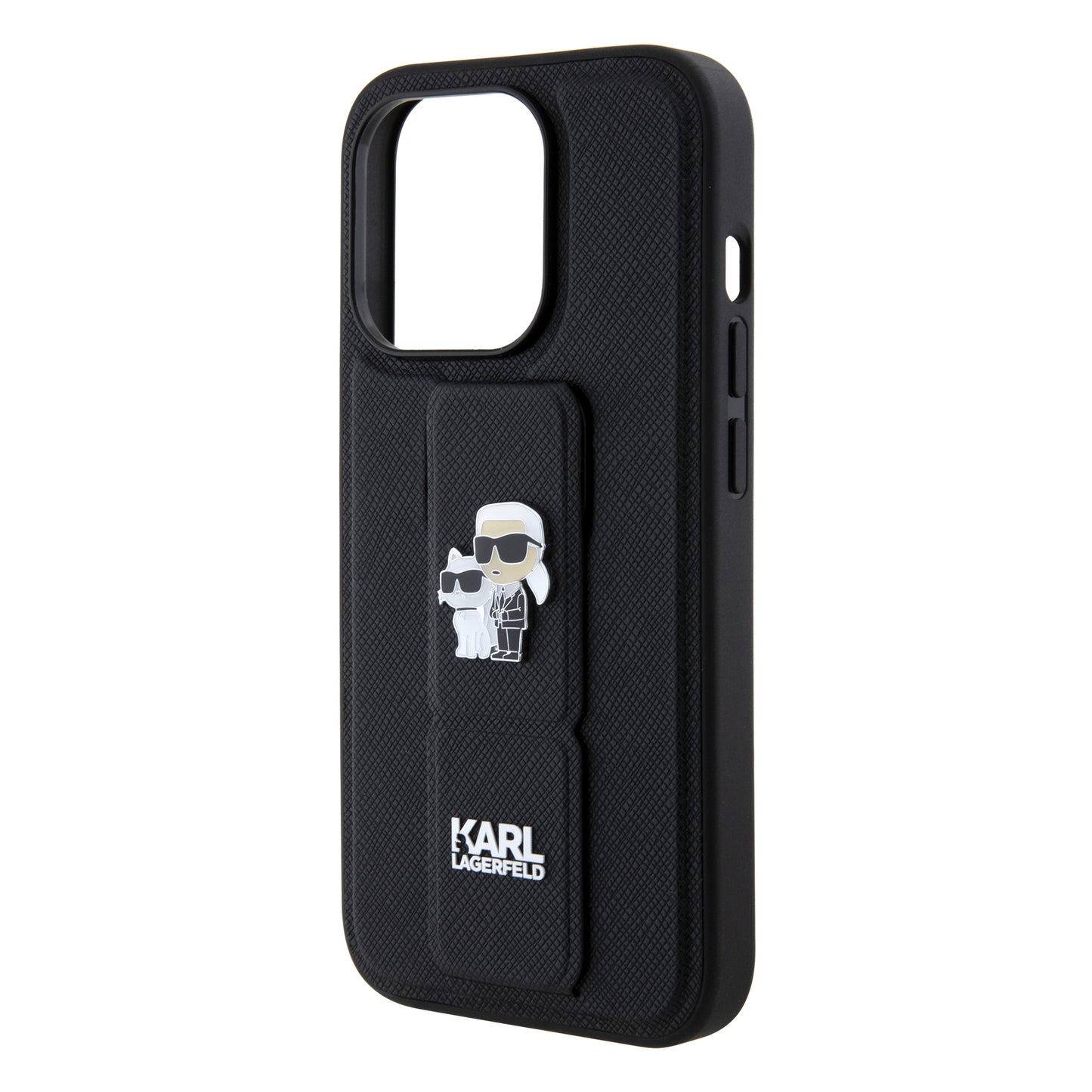 Etui MagSafe dla Apple iPhone 15 Pro, Karl Lagerfeld, Saffiano Gripstand Karl & Choupette, Czarne