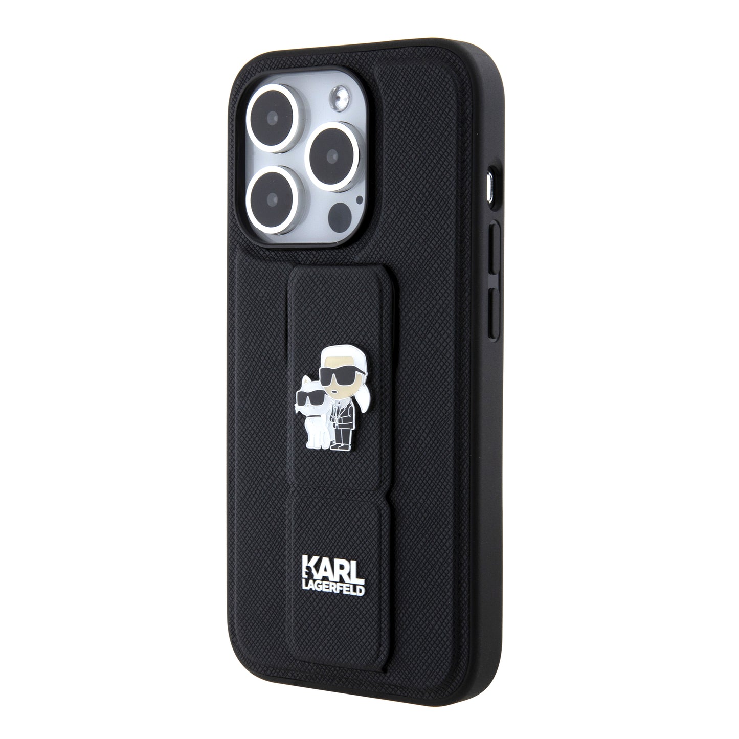 Etui MagSafe dla Apple iPhone 15 Pro, Karl Lagerfeld, Saffiano Gripstand Karl & Choupette, Czarne