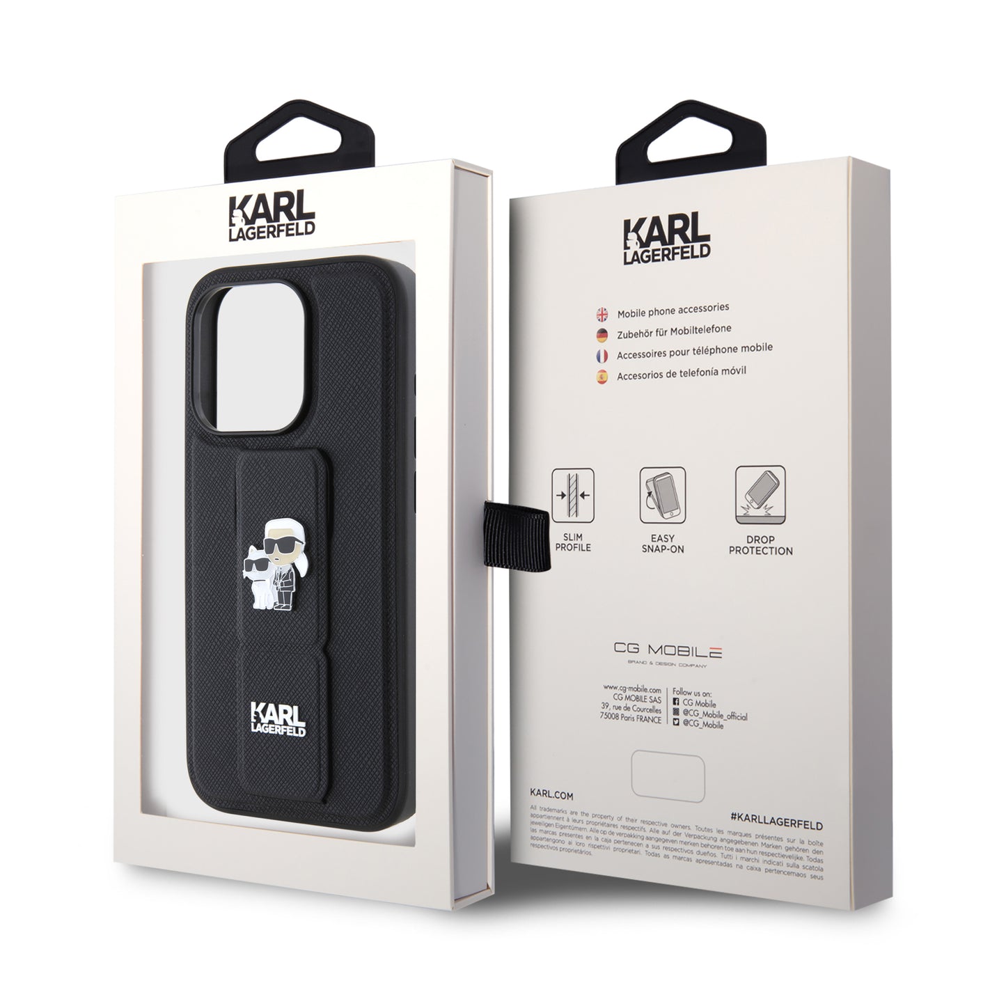 Etui MagSafe dla Apple iPhone 15 Pro, Karl Lagerfeld, Saffiano Gripstand Karl & Choupette, Czarne
