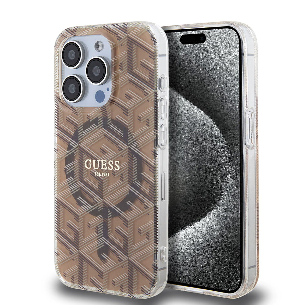 Etui MagSafe dla Apple iPhone 15 Pro Max, Guess, IML Gcube, Brązowy