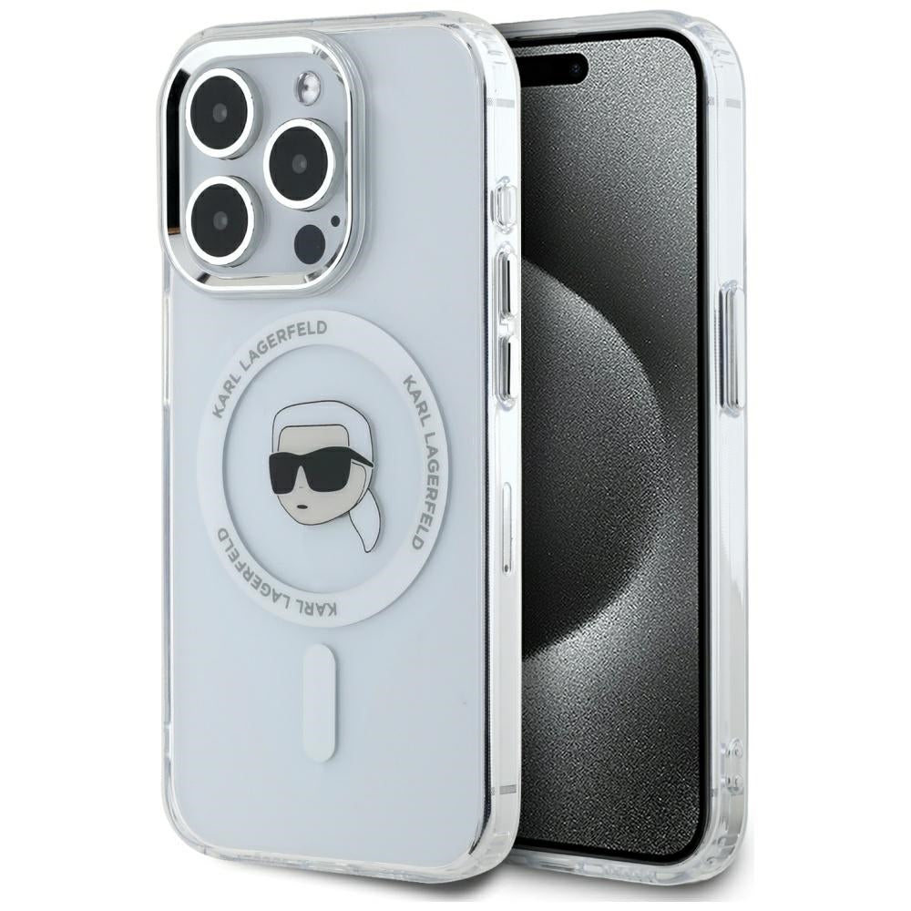 Etui MagSafe dla Apple iPhone 15 Pro Max, Karl Lagerfeld, IML Metal Karl's Head, Białe