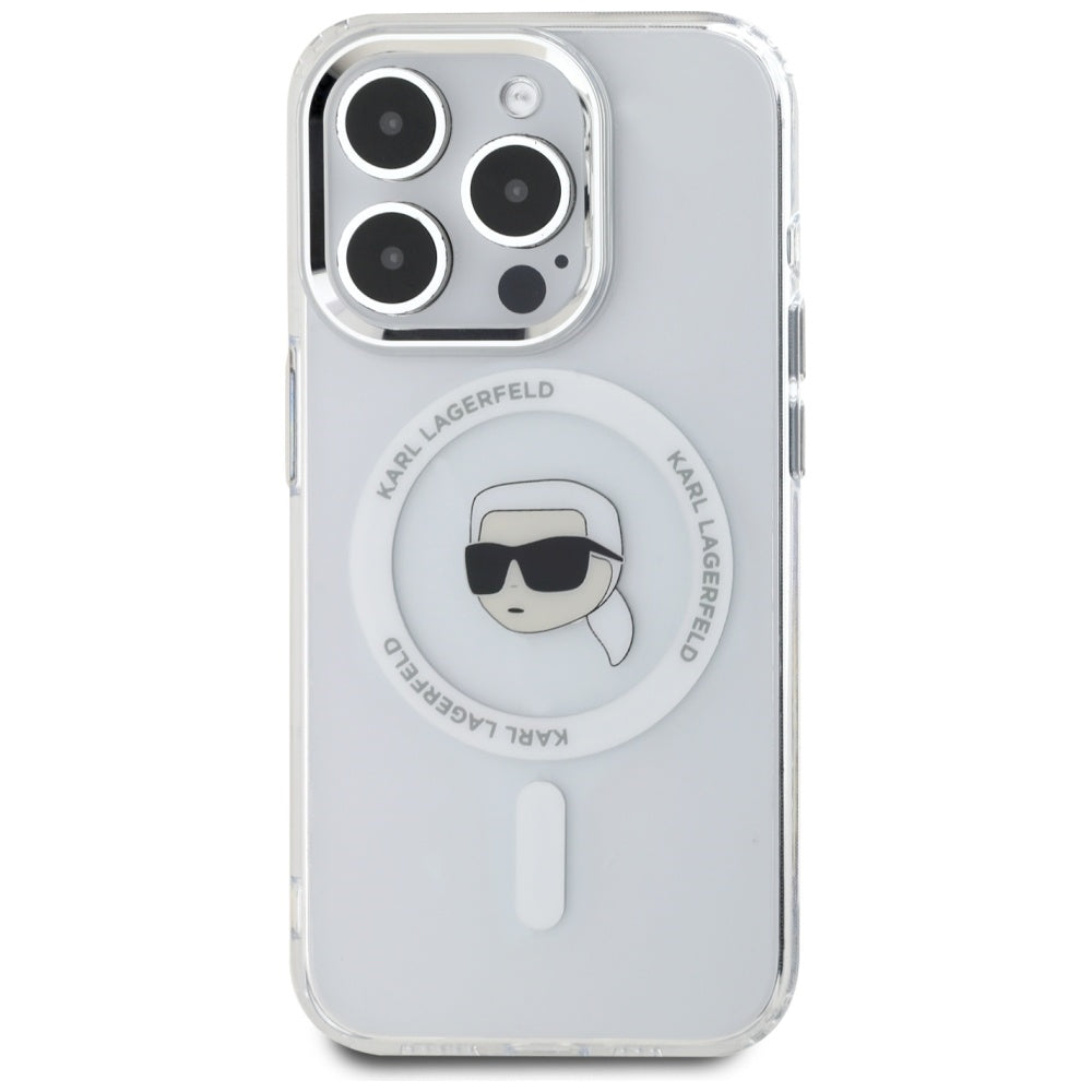 Etui MagSafe dla Apple iPhone 15 Pro Max, Karl Lagerfeld, IML Metal Karl's Head, Białe