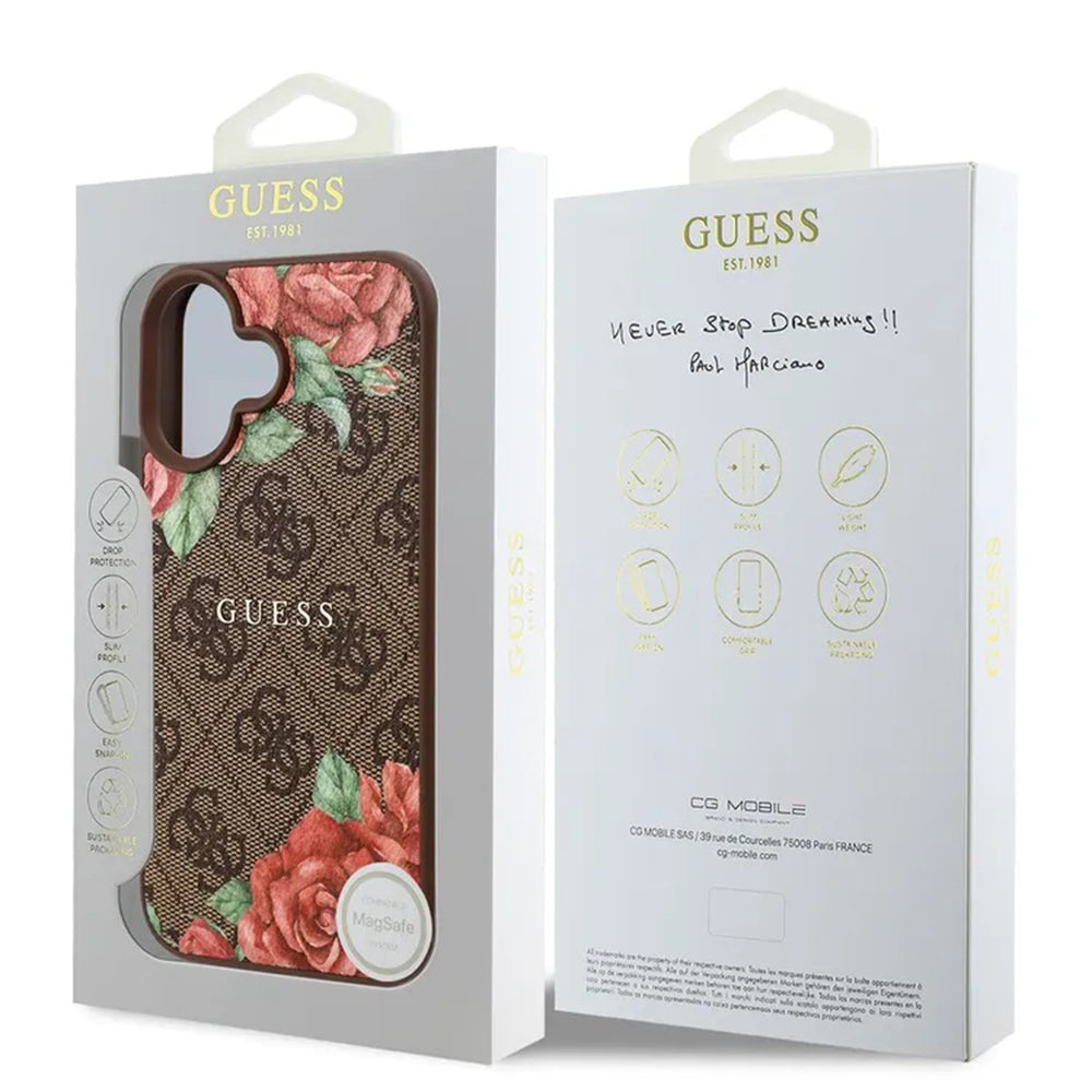 Etui MagSafe dla Apple iPhone 16, Guess, 4G Flowers Print, Brązowy