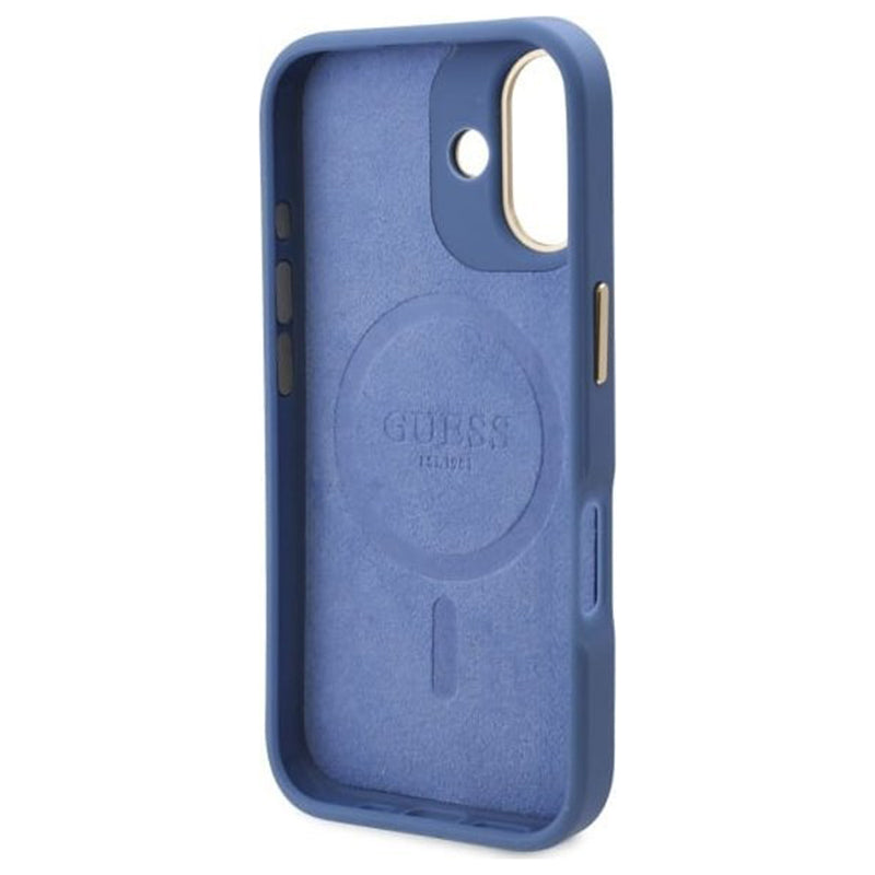 Etui MagSafe dla Apple iPhone 16, Guess, 4G Logo Plate, Niebieskie.