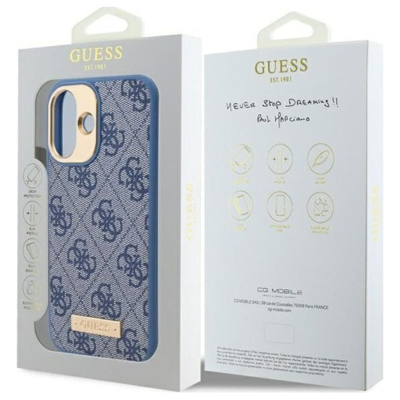 Etui MagSafe dla Apple iPhone 16, Guess, 4G Logo Plate, Niebieskie.