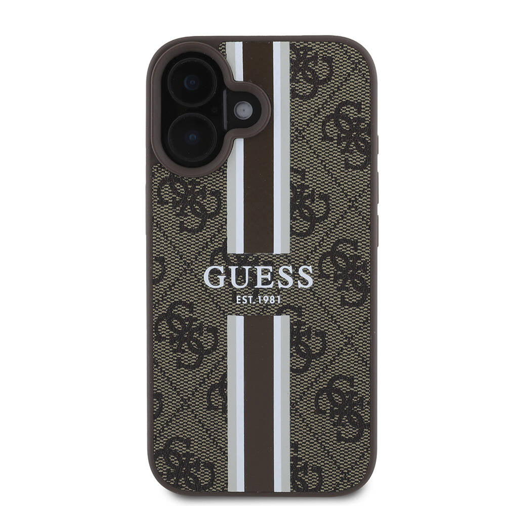 Etui MagSafe dla Apple iPhone 16, Guess, 4G Printed Stripes, Brązowy