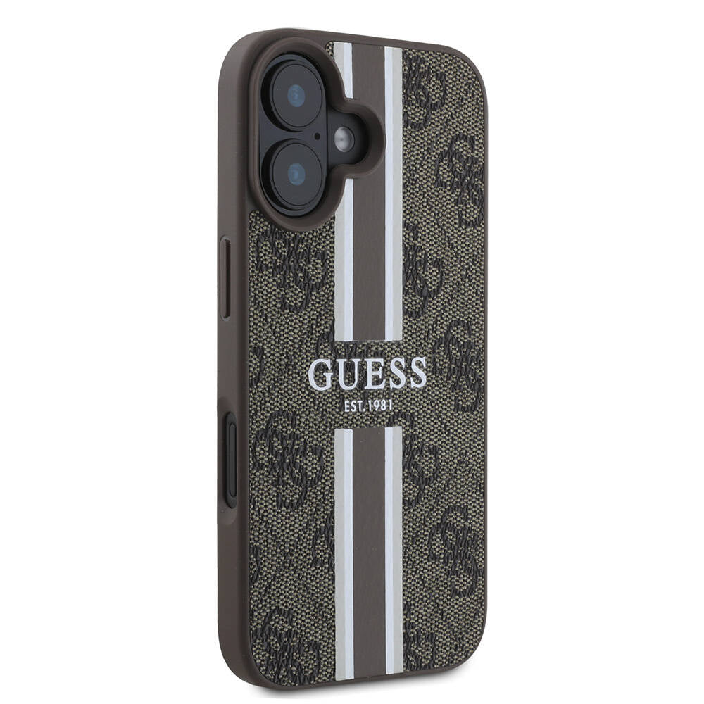 Etui MagSafe dla Apple iPhone 16, Guess, 4G Printed Stripes, Brązowy