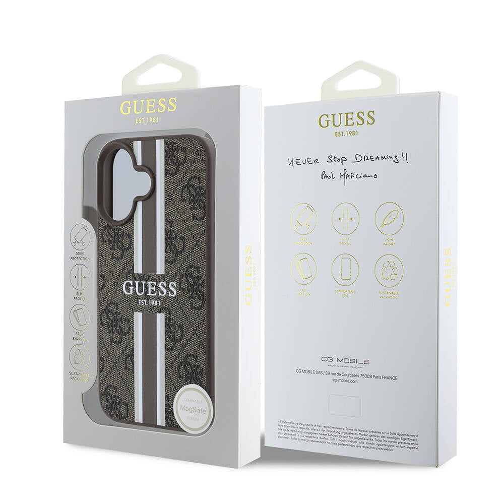 Etui MagSafe dla Apple iPhone 16, Guess, 4G Printed Stripes, Brązowy