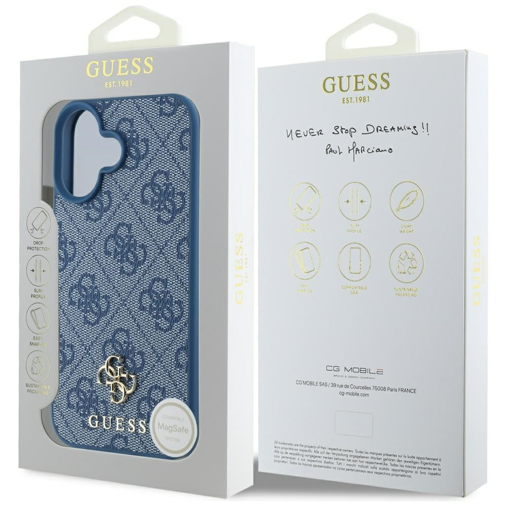MagSafe Case for Apple iPhone 16, Guess, 4G Small and Classic Logo, Blue