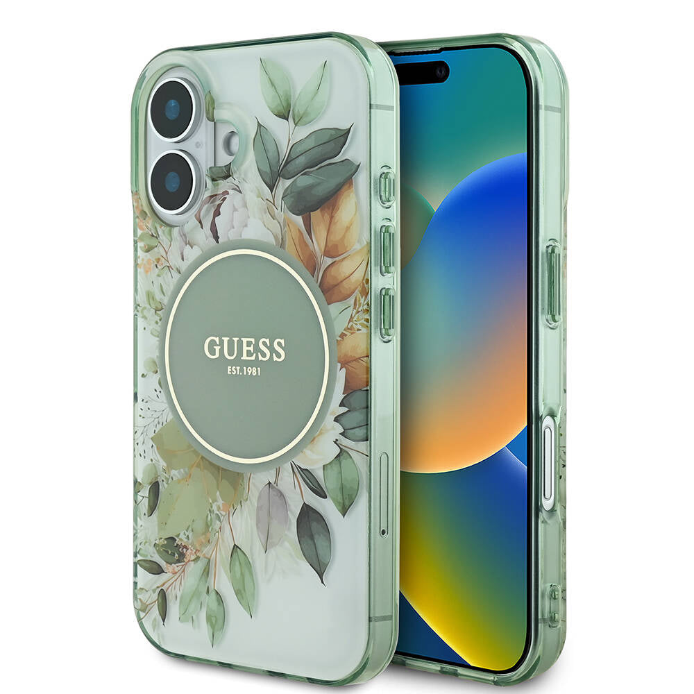 Etui MagSafe dla Apple iPhone 16, Guess, IML Flower & Tonal Circle, Zielony