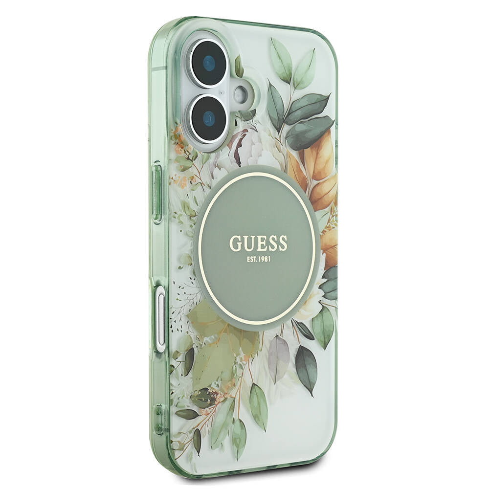 Etui MagSafe dla Apple iPhone 16, Guess, IML Flower & Tonal Circle, Zielony