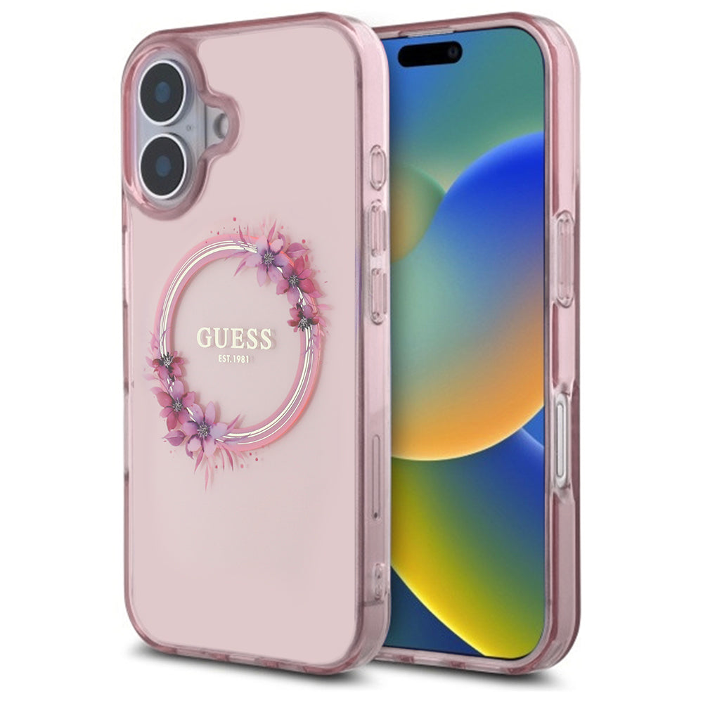 Etui MagSafe dla Apple iPhone 16, Guess, IML Flowers Wreath, Różowy