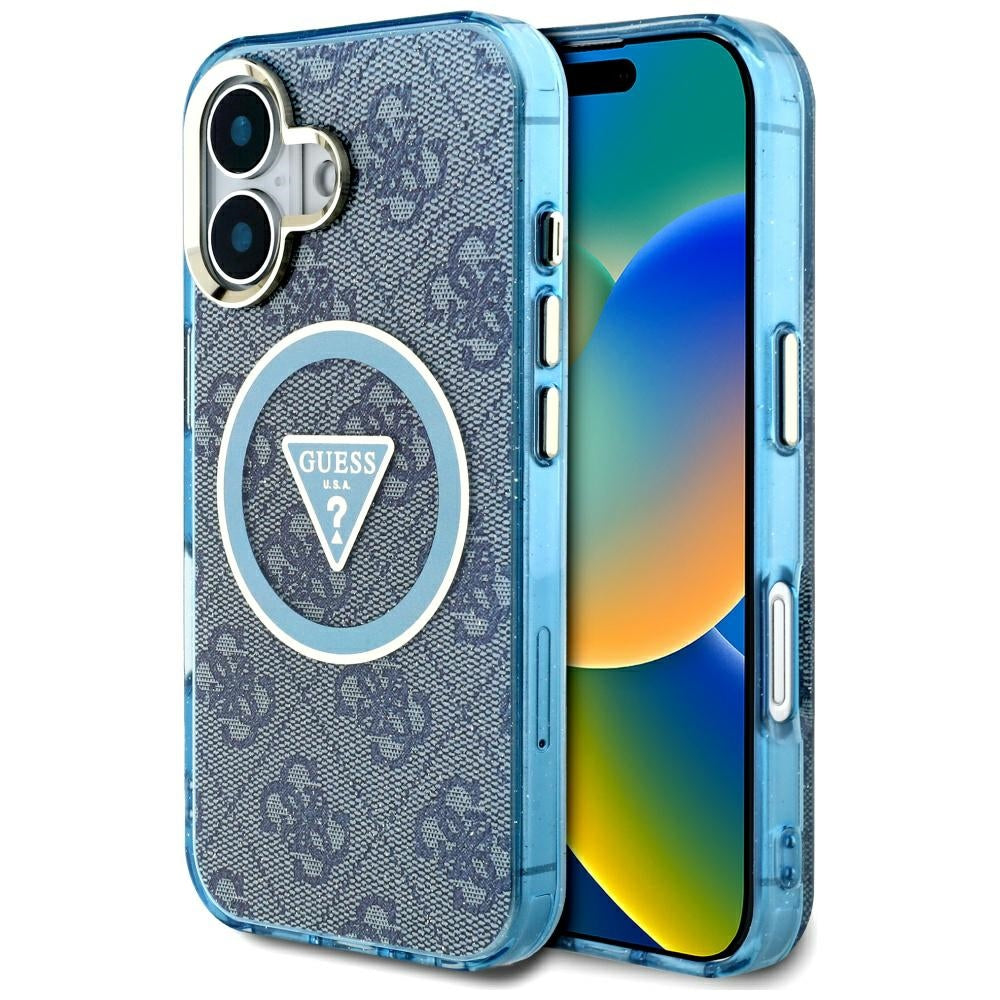 Etui MagSafe dla Apple iPhone 16, Guess, IML Glitter 4G Circle Triangle, Niebieskie