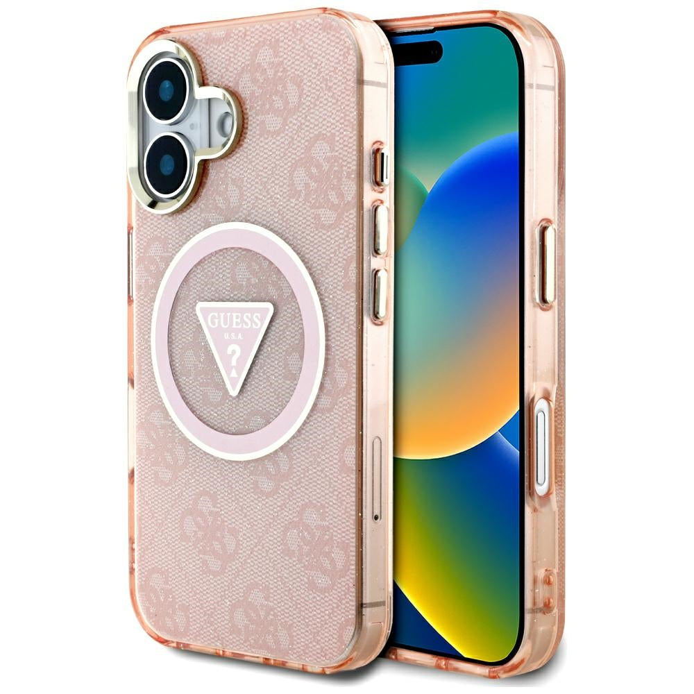 Etui MagSafe dla Apple iPhone 16, Guess, IML Glitter 4G Circle Triangle, Różowy