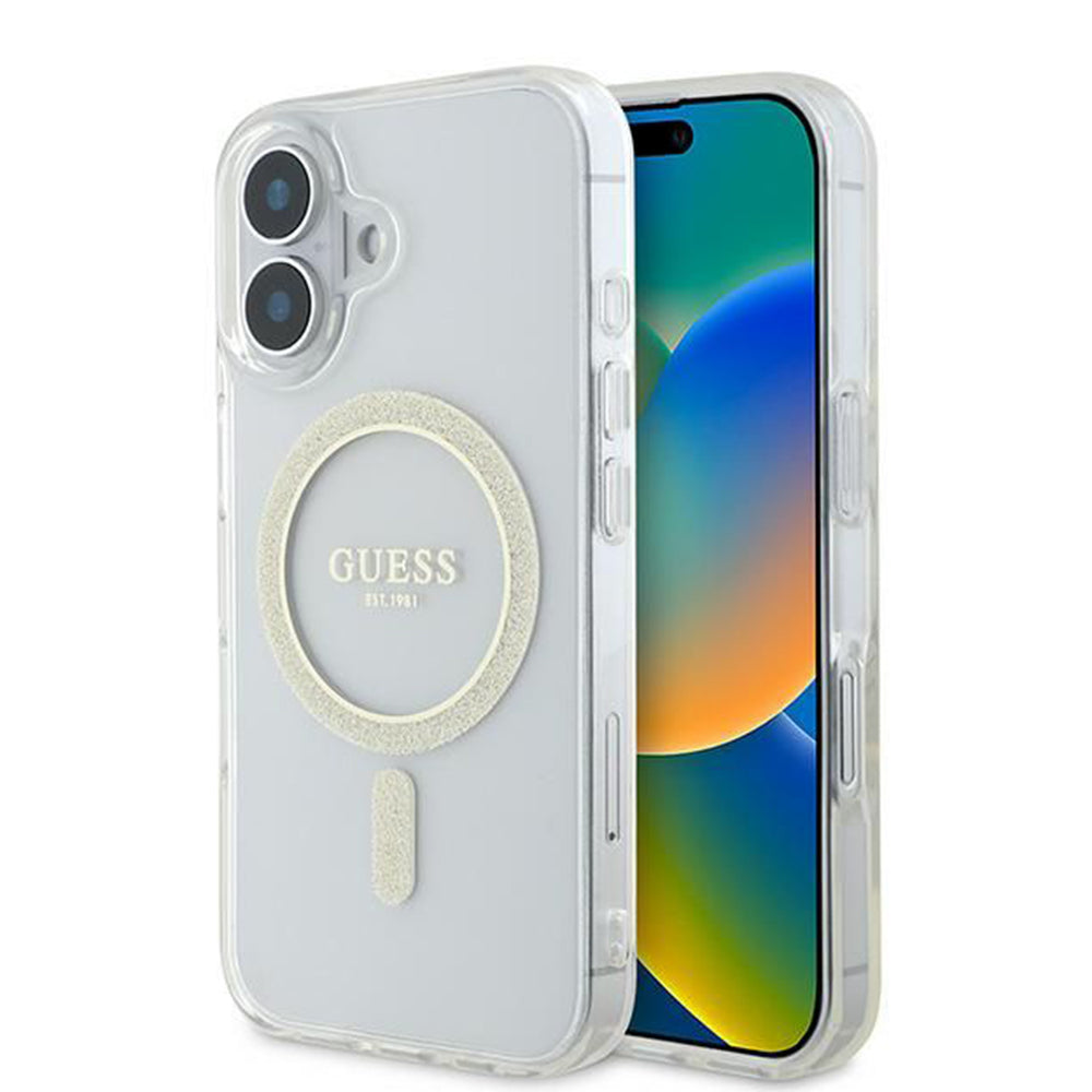 MagSafe Case for Apple iPhone 16, Guess, IML Glitter Circle, Transparent