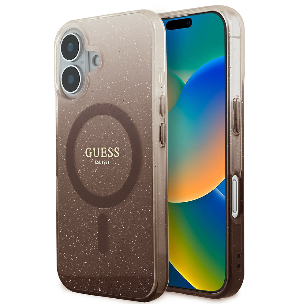 Etui MagSafe dla Apple iPhone 16, Guess, IML Glitter Gradient, Brązowy