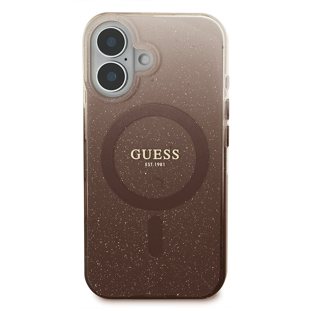 Etui MagSafe dla Apple iPhone 16, Guess, IML Glitter Gradient, Brązowy