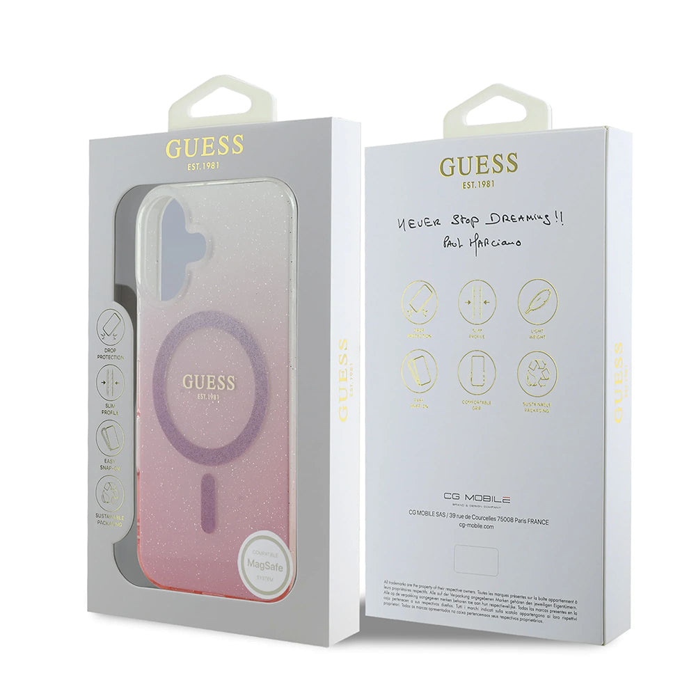 Etui MagSafe dla Apple iPhone 16, Guess, IML Glitter Gradient, Brązowy