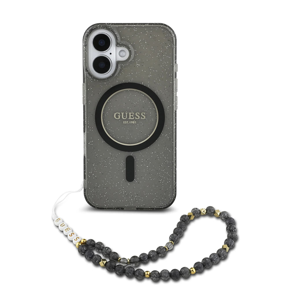 Etui MagSafe dla Apple iPhone 16, Guess, IML Glitter with Pearl Strap, Czarne
