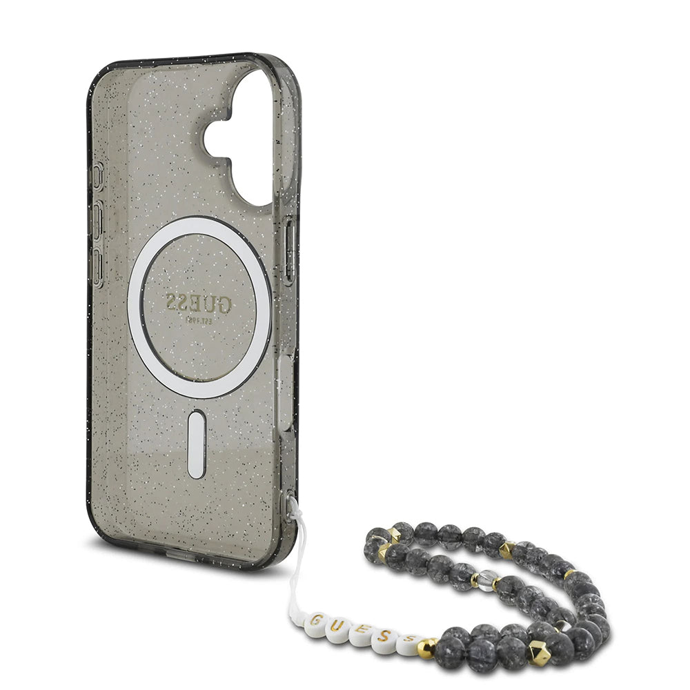 Etui MagSafe dla Apple iPhone 16, Guess, IML Glitter with Pearl Strap, Czarne