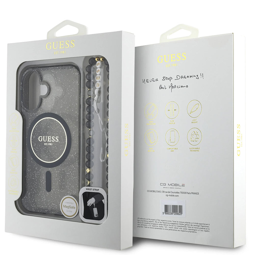Etui MagSafe dla Apple iPhone 16, Guess, IML Glitter with Pearl Strap, Czarne