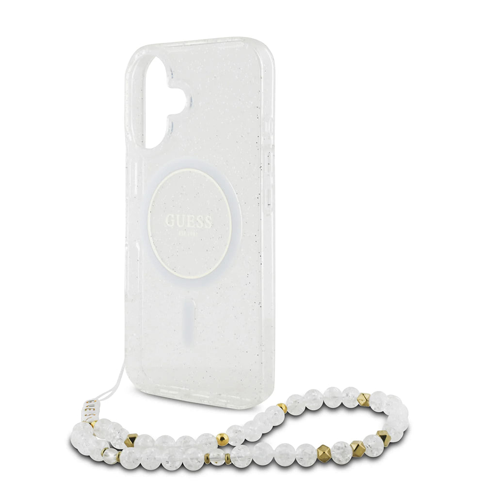 Etui MagSafe dla Apple iPhone 16, Guess, IML Glitter with Pearl Strap, Przezroczyste