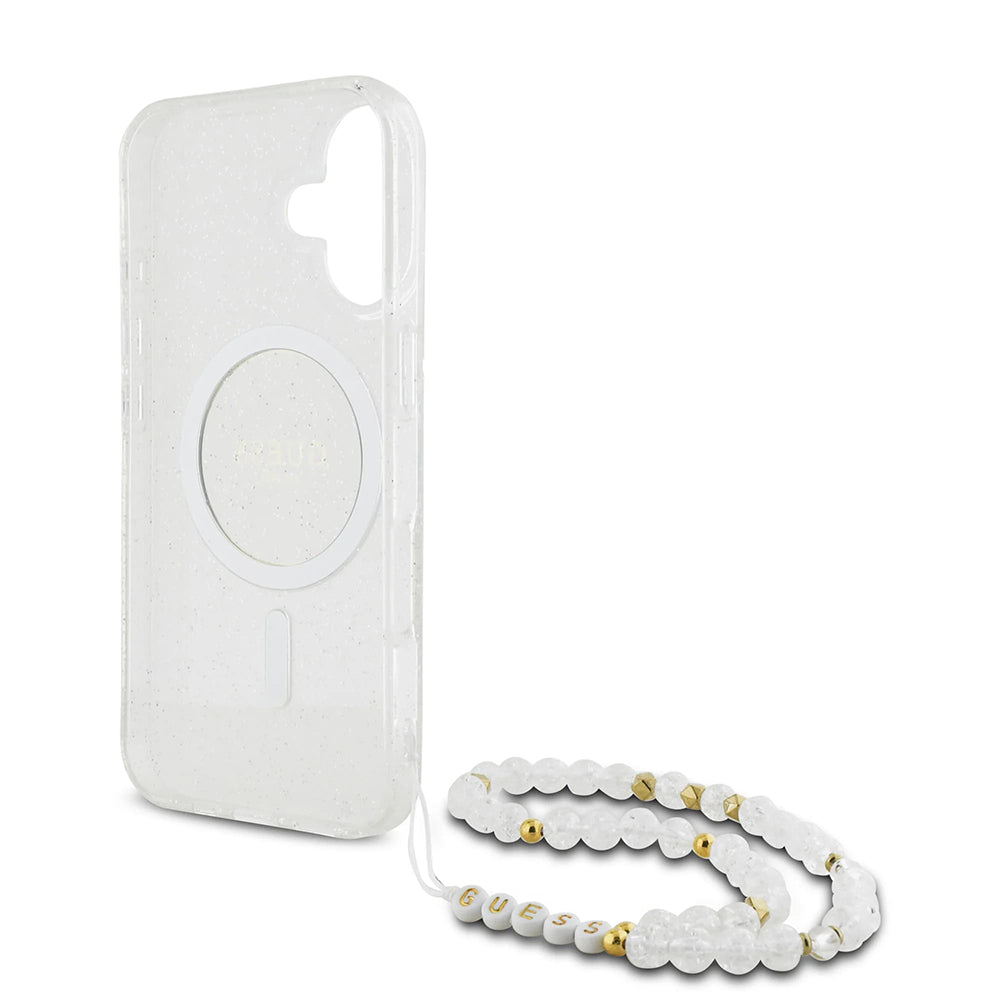 Etui MagSafe dla Apple iPhone 16, Guess, IML Glitter with Pearl Strap, Przezroczyste