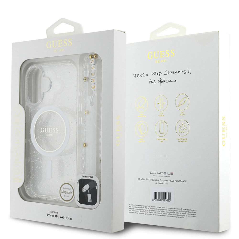 Etui MagSafe dla Apple iPhone 16, Guess, IML Glitter with Pearl Strap, Przezroczyste