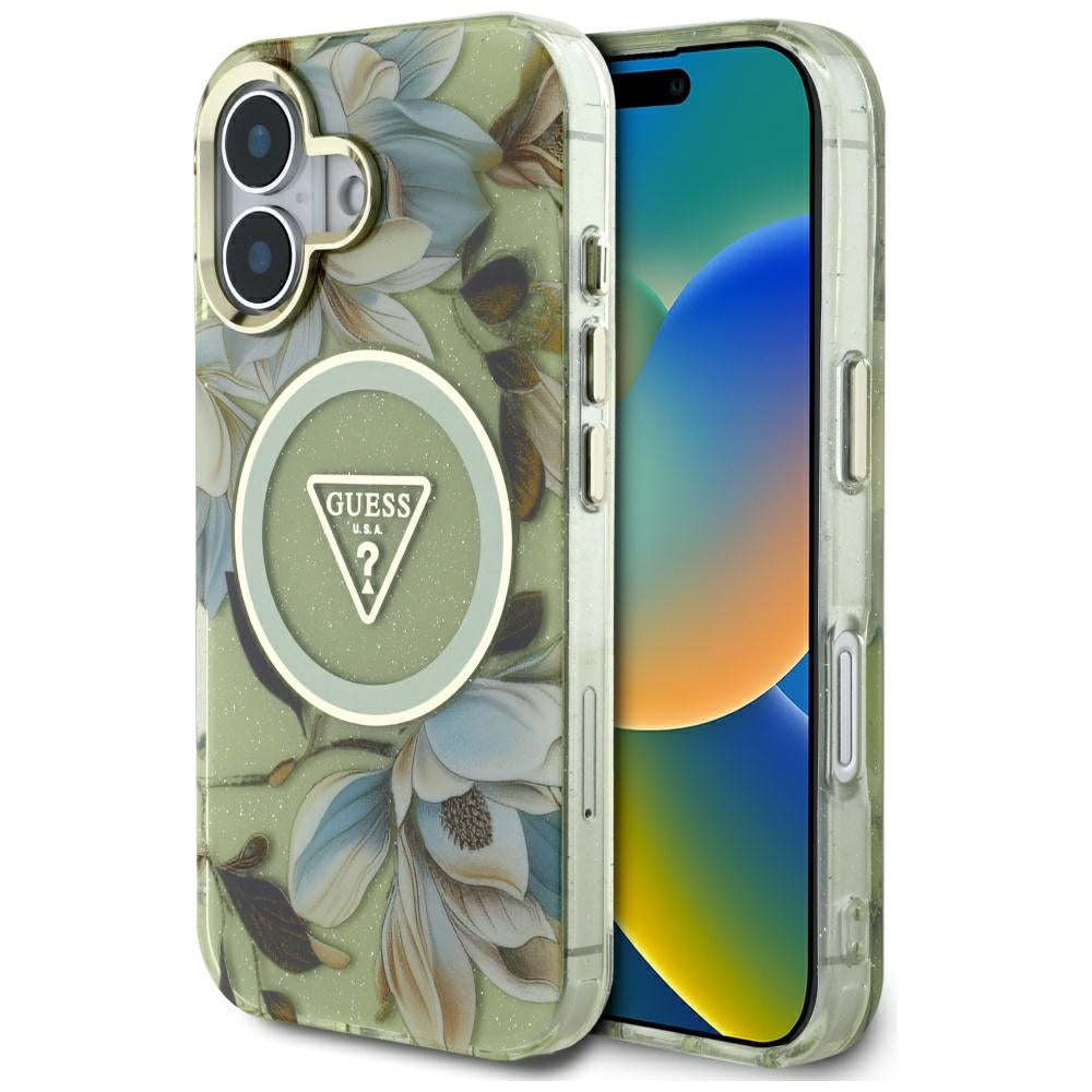 Etui MagSafe dla Apple iPhone 16, Guess, IML Metal Glitter Flowers Triangle, Zielony