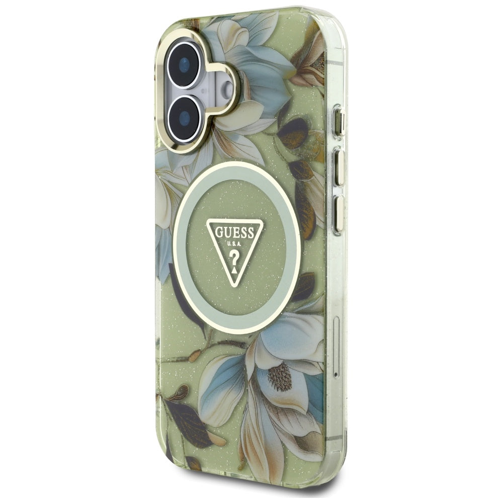 Etui MagSafe dla Apple iPhone 16, Guess, IML Metal Glitter Flowers Triangle, Zielony