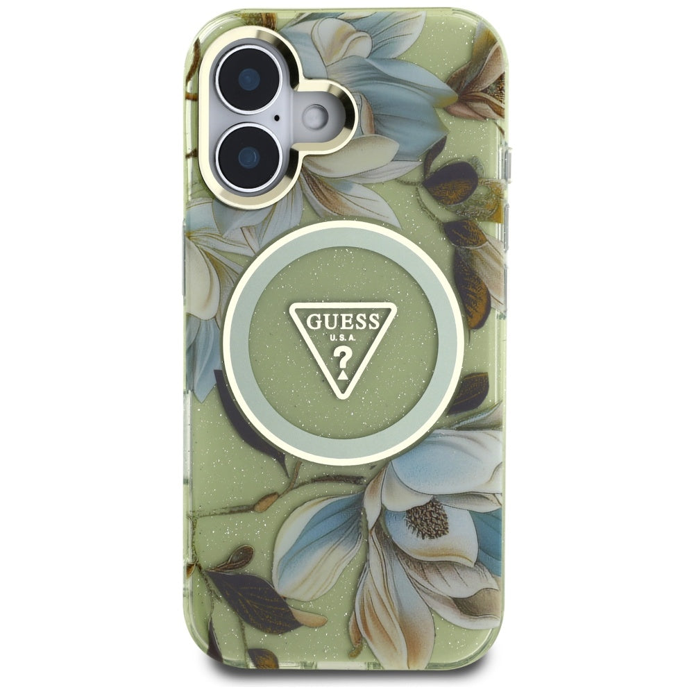 Etui MagSafe dla Apple iPhone 16, Guess, IML Metal Glitter Flowers Triangle, Zielony