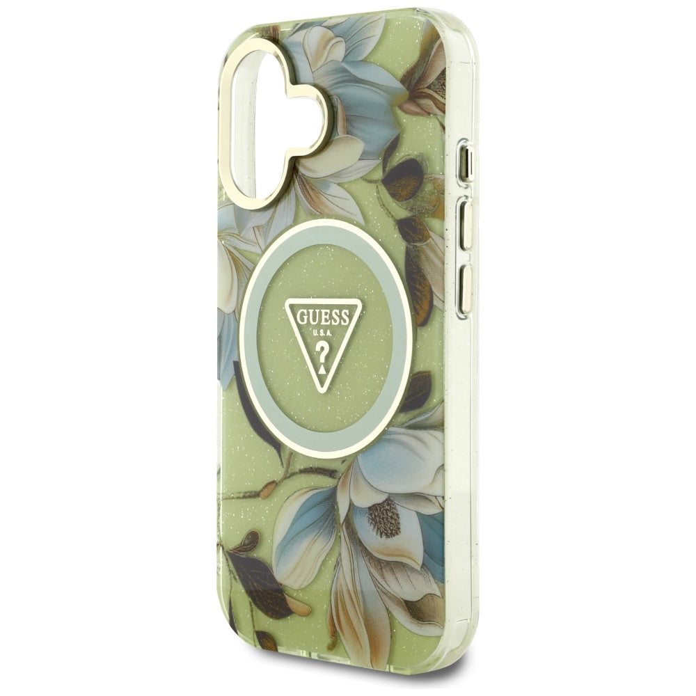 Etui MagSafe dla Apple iPhone 16, Guess, IML Metal Glitter Flowers Triangle, Zielony