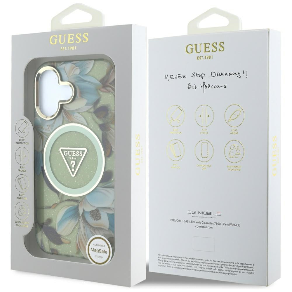 Etui MagSafe dla Apple iPhone 16, Guess, IML Metal Glitter Flowers Triangle, Zielony