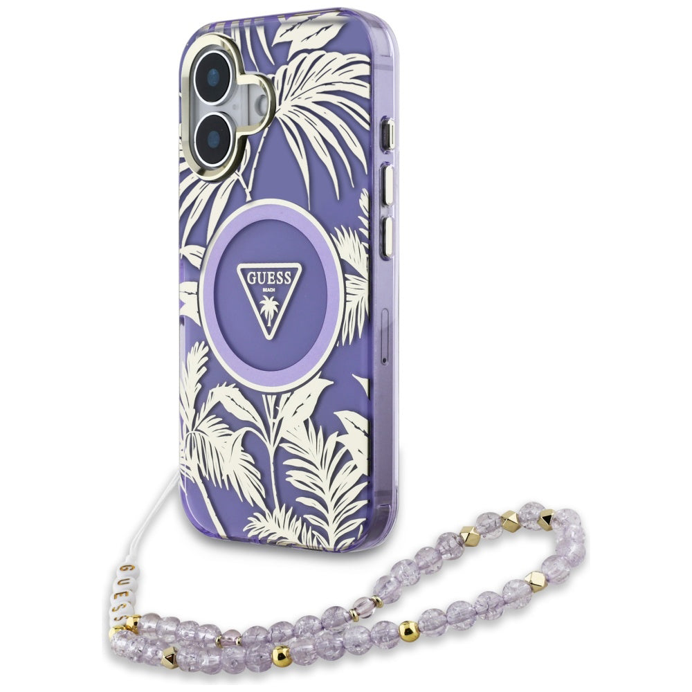 Etui MagSafe dla Apple iPhone 16, Guess, IML Palm Trees Triangle with Pearl Strap, Fioletowy