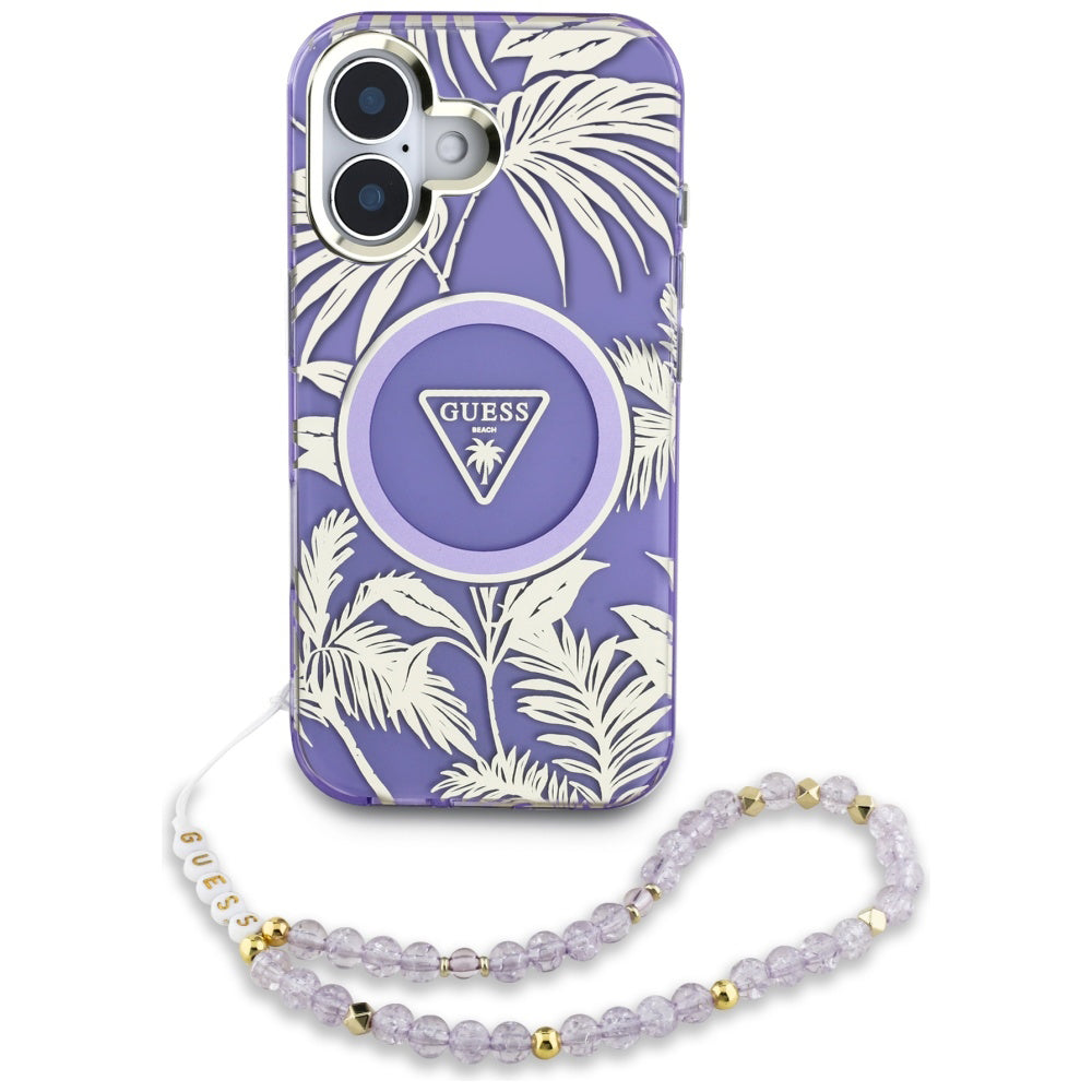Etui MagSafe dla Apple iPhone 16, Guess, IML Palm Trees Triangle with Pearl Strap, Fioletowy