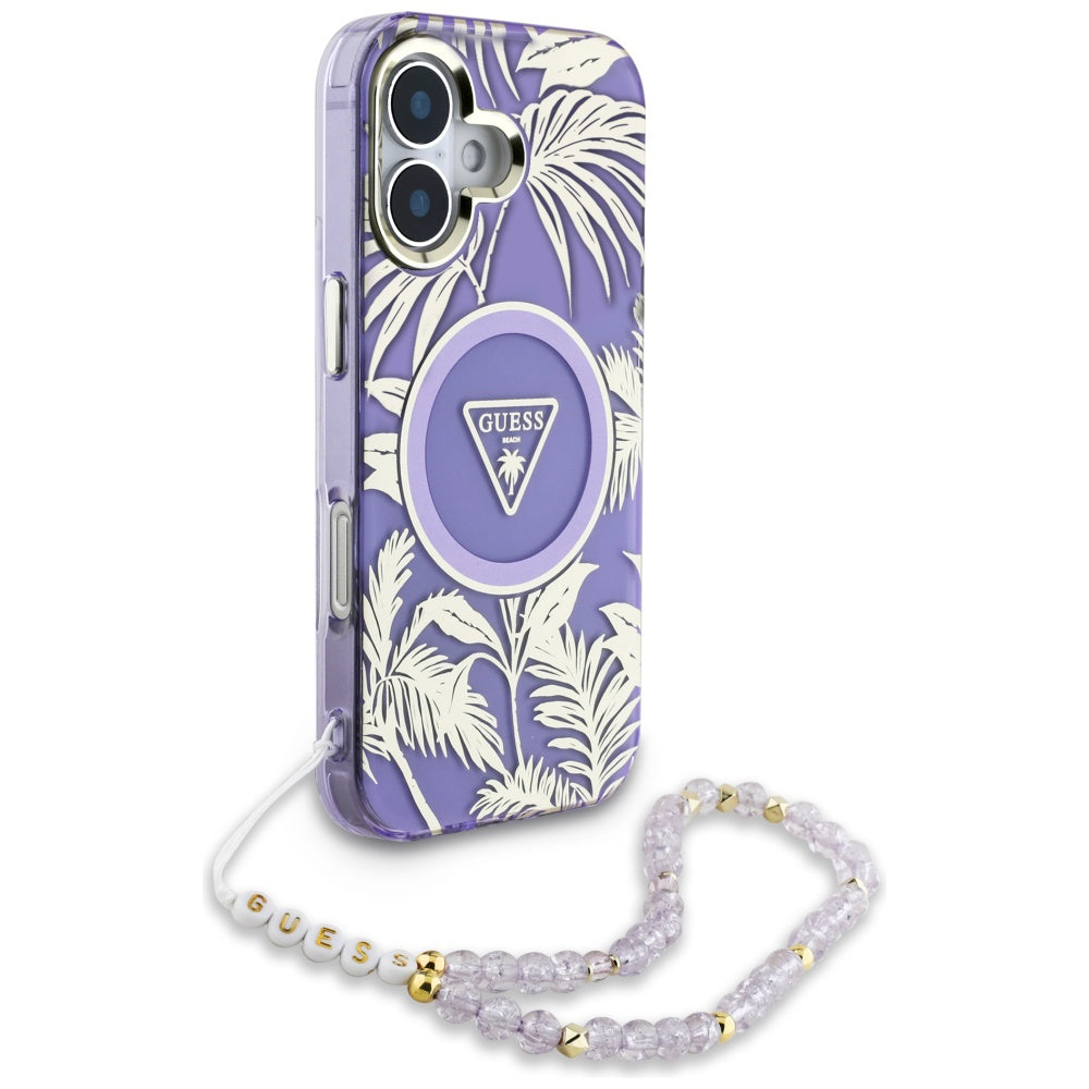 Etui MagSafe dla Apple iPhone 16, Guess, IML Palm Trees Triangle with Pearl Strap, Fioletowy