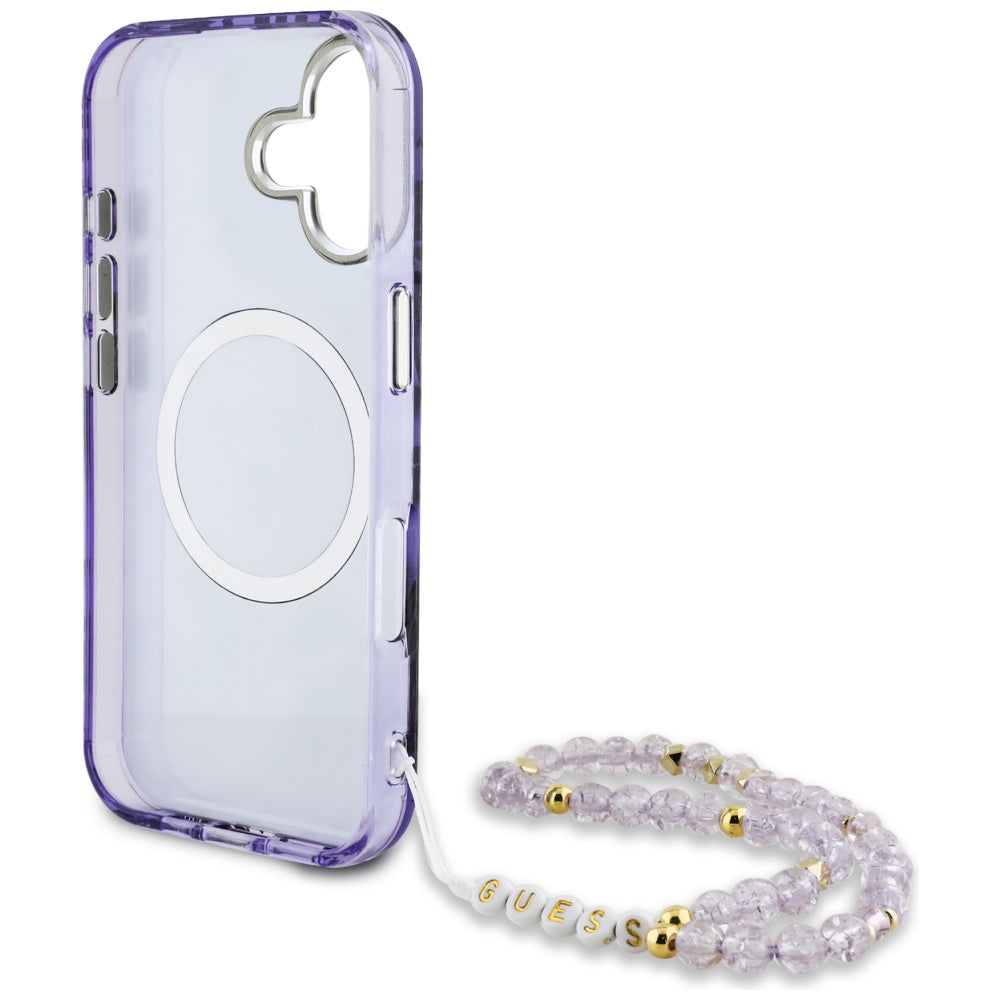 Etui MagSafe dla Apple iPhone 16, Guess, IML Palm Trees Triangle with Pearl Strap, Fioletowy