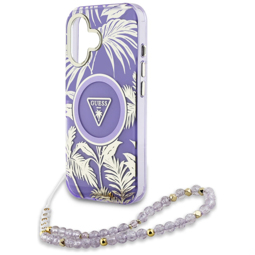 Etui MagSafe dla Apple iPhone 16, Guess, IML Palm Trees Triangle with Pearl Strap, Fioletowy