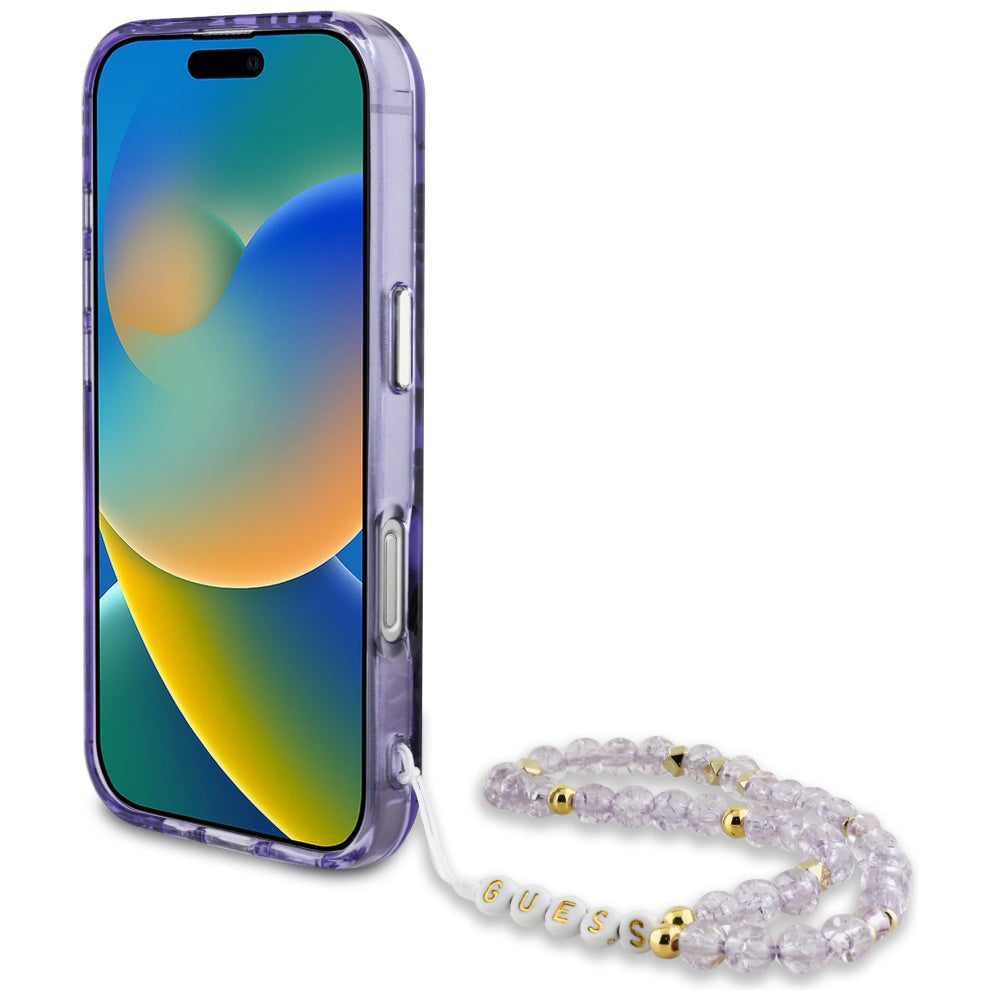 Etui MagSafe dla Apple iPhone 16, Guess, IML Palm Trees Triangle with Pearl Strap, Fioletowy