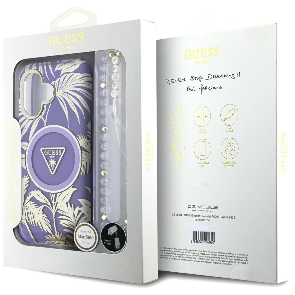 Etui MagSafe dla Apple iPhone 16, Guess, IML Palm Trees Triangle with Pearl Strap, Fioletowy