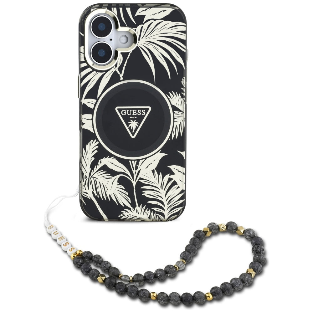 Etui MagSafe dla Apple iPhone 16, Guess, IML Palm Trees Triangle with Pearl Strap, Czarne