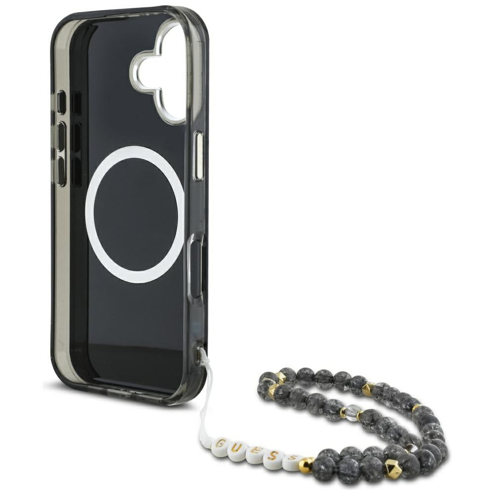Etui MagSafe dla Apple iPhone 16, Guess, IML Palm Trees Triangle with Pearl Strap, Czarne