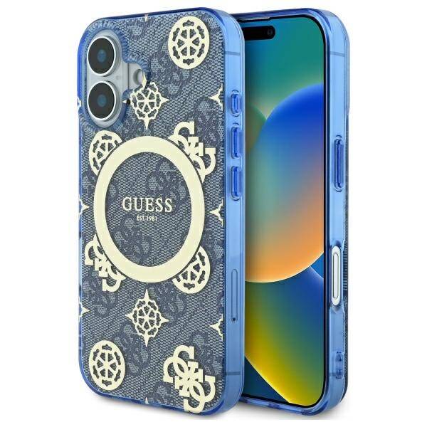 Etui MagSafe dla Apple iPhone 16, Guess, IML Peony On 4G Background, Niebieskie