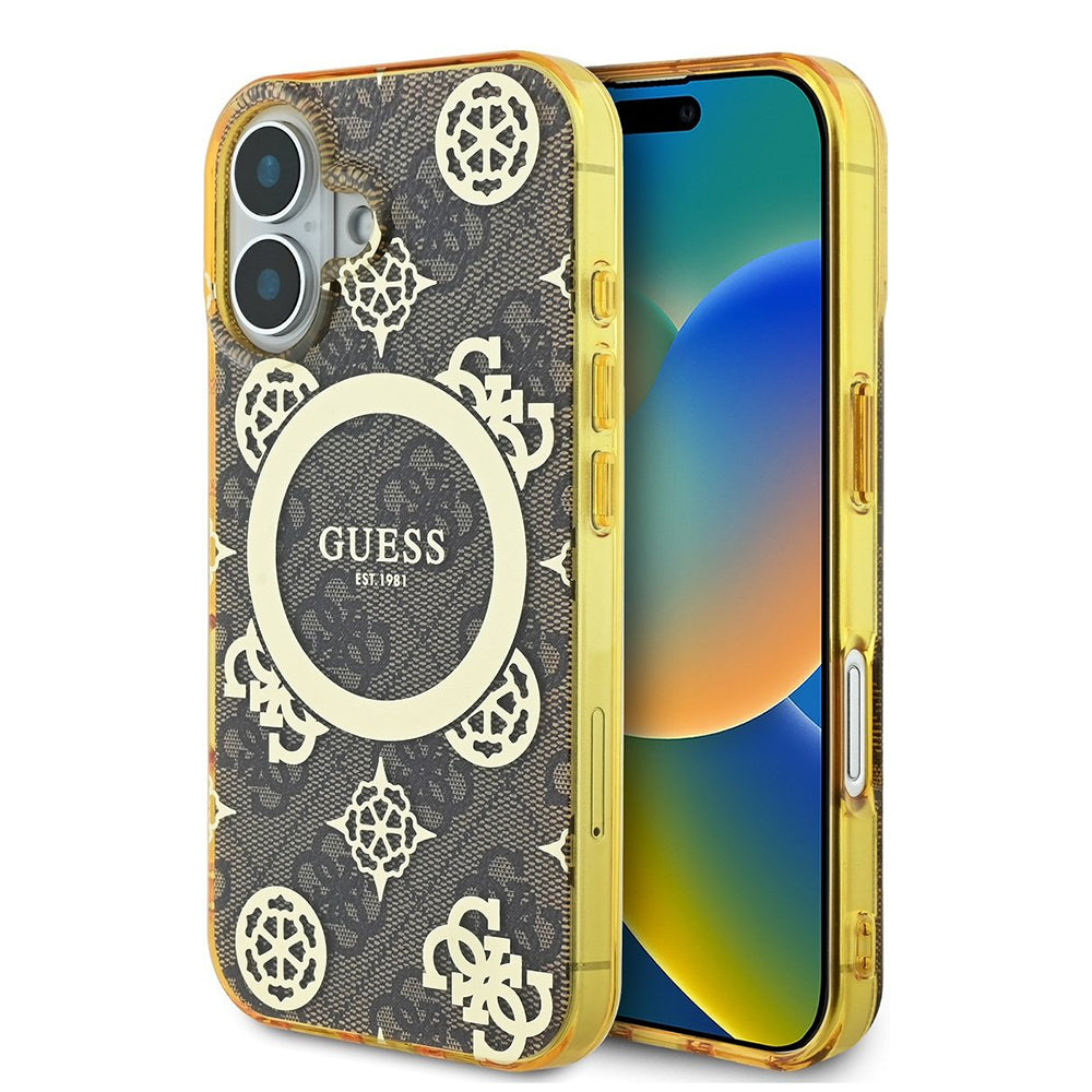 Etui MagSafe dla Apple iPhone 16, Guess, IML Peony On 4G Background, Brązowy