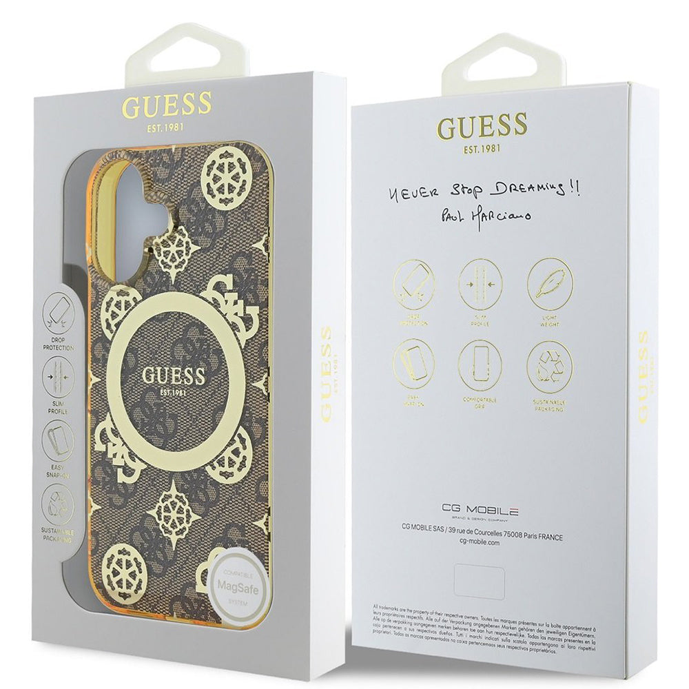 Etui MagSafe dla Apple iPhone 16, Guess, IML Peony On 4G Background, Brązowy