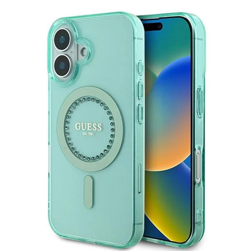Etui MagSafe dla Apple iPhone 16, Guess, IML Rhinestone, Zielony