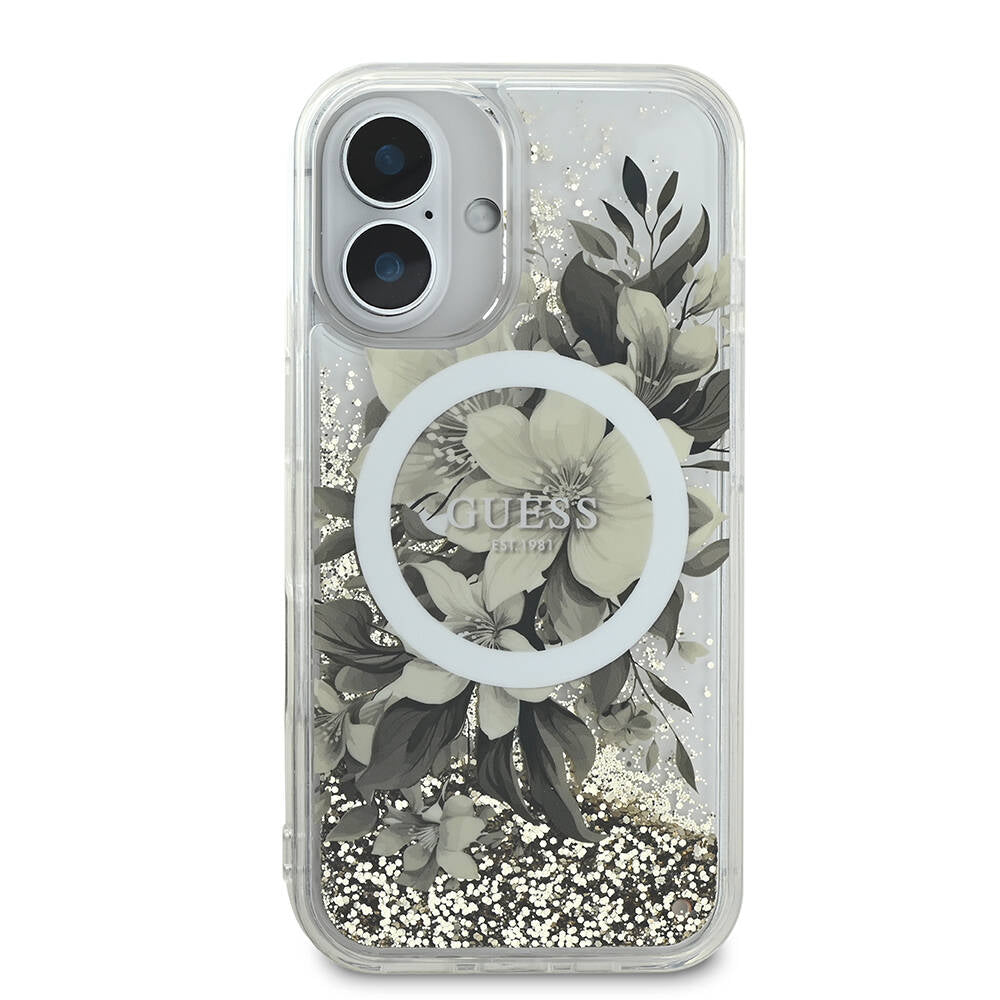 Etui MagSafe dla Apple iPhone 16, Guess, Liquid Glitter Flower, Beżowy