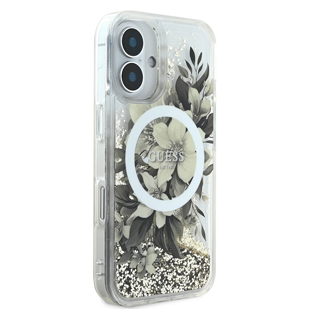 Etui MagSafe dla Apple iPhone 16, Guess, Liquid Glitter Flower, Beżowy