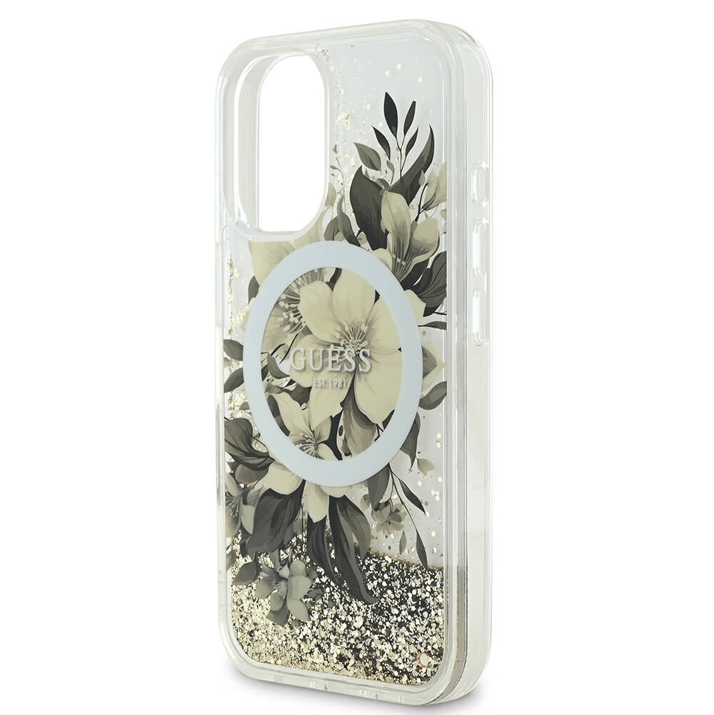 Etui MagSafe dla Apple iPhone 16, Guess, Liquid Glitter Flower, Beżowy