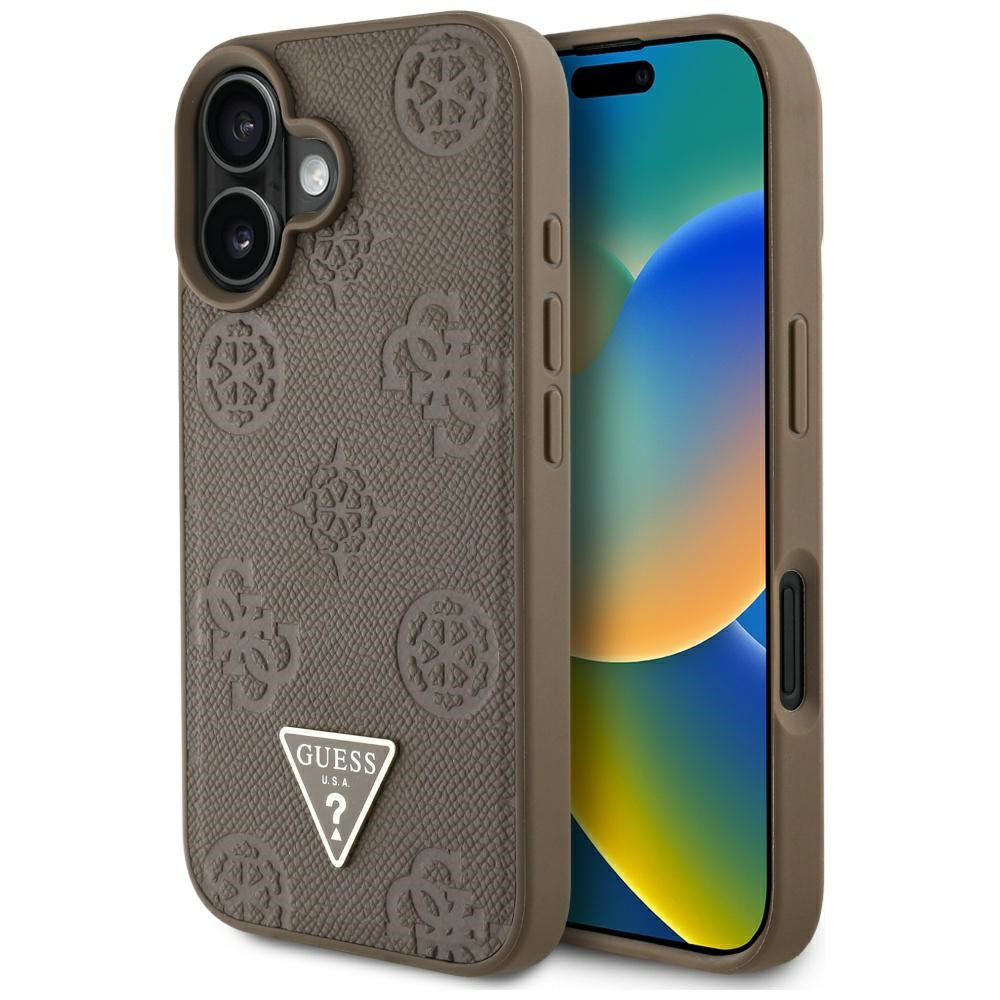 Etui MagSafe dla Apple iPhone 16, Guess, Peony Grained Hot Stamp Triangle, Brązowy